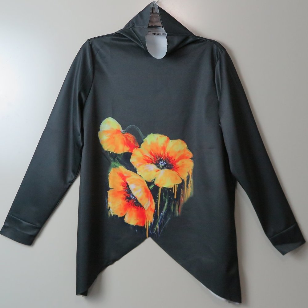 NWOT MISSLOOK Black Mock Neck "V" Bottom Floral Print Cotton Blend Top Size XXL